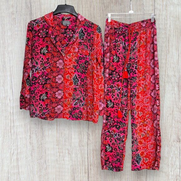 Anthropologie Boho Floral Pajama Set Farm Rio Inspired Print Red Pink Sleepwear - Picture 1 of 14
